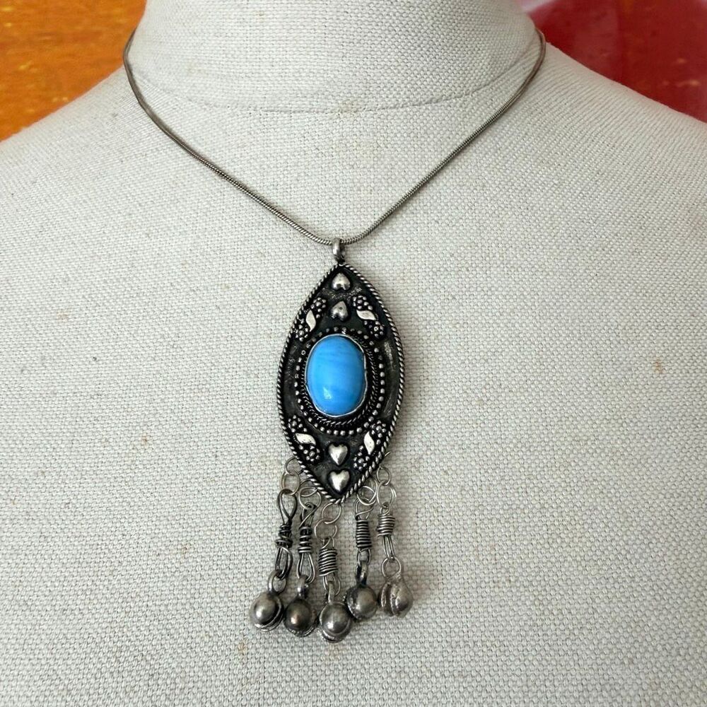Vintage Afghan Kuchi  Blue Cabochon Tribal Pendant Necklace